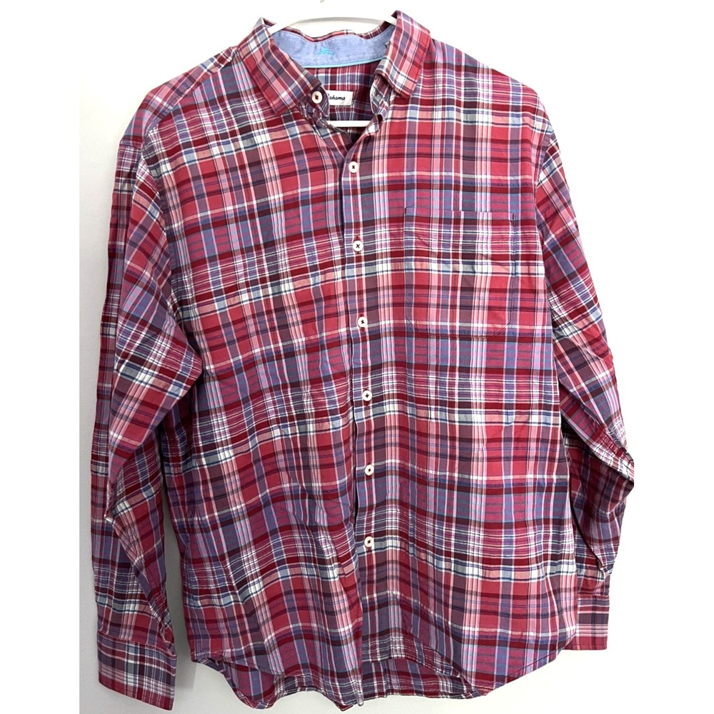 Tommy Bahama Shirt Mens Medium Red Blue Plaid Button Up Silk Blend Long Sleeve